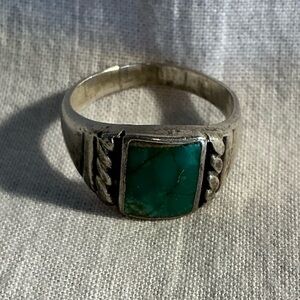 925 Sterling Silver Native American Green Turquoise Signet Ring Size 7.5 Vintage